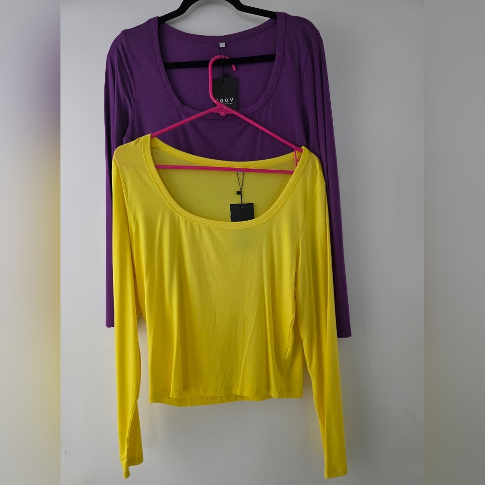 Women's Yellow and Purple Long Sleeve Crop Tops